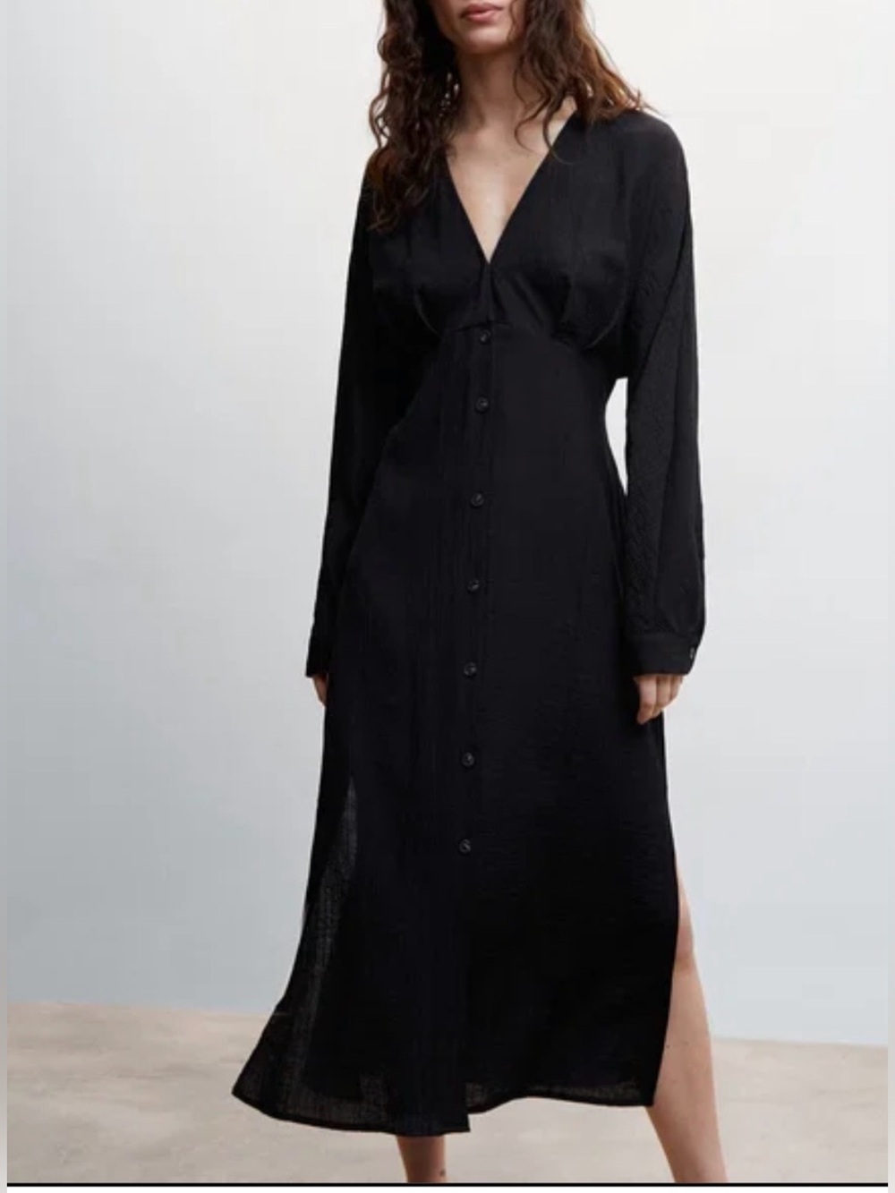 Mango Black Lotus Bow Shirt Maxi Dress V-Neck Button-Front Long Sleeve Dress